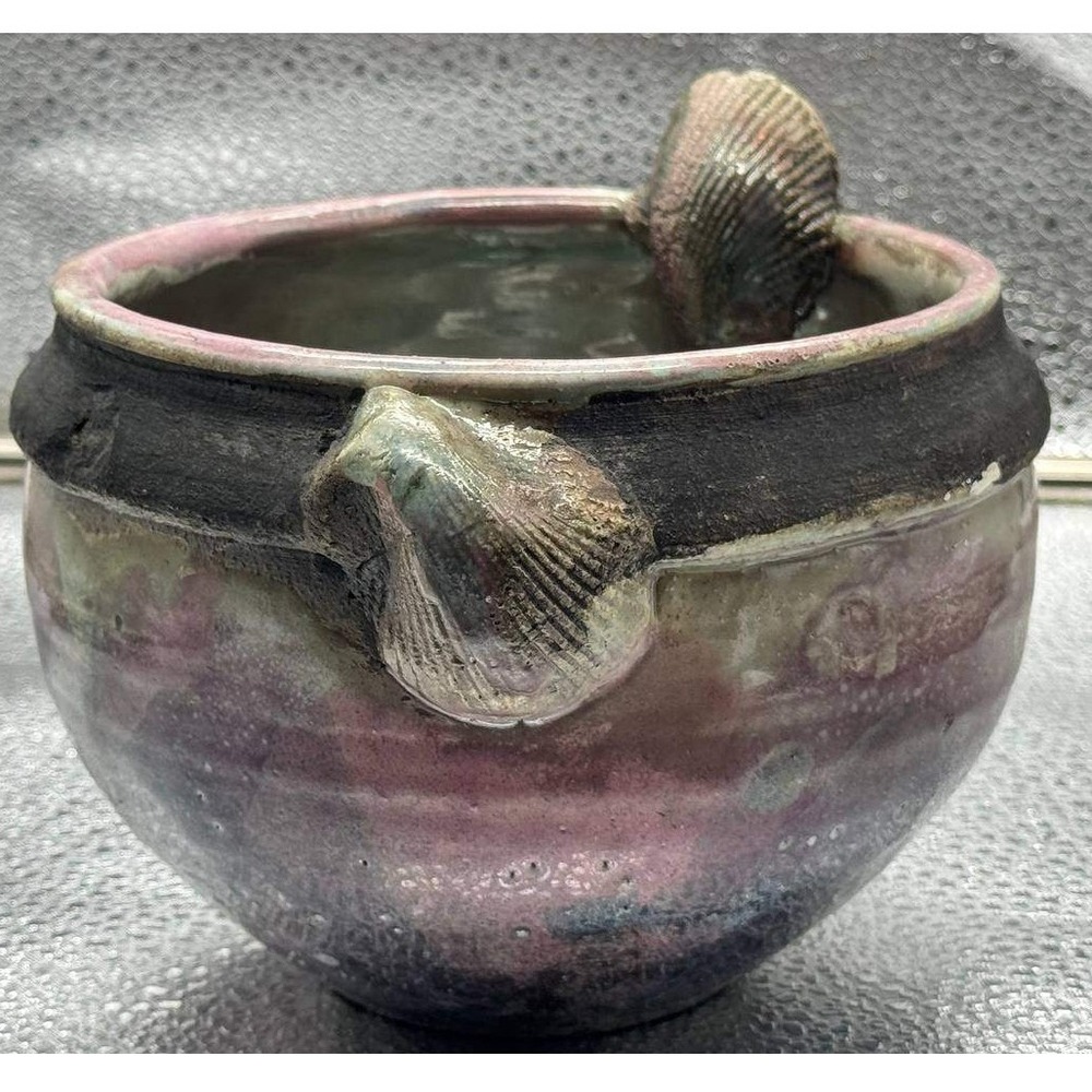 Signed Studio Pottery Bowl Small Pink Purple Iridescent Shell Accents Boho